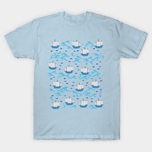 Blue Ship Voyage in the Sea Pattern T-Shirt